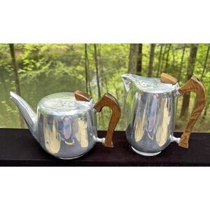 Vtg Picquot Ware Tea & Coffee Pots Wood Handle Mid Century Modern MCM England